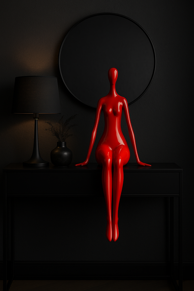 SCULPTURE DESIGN FEMME ASSISE – Résine laquée rouge